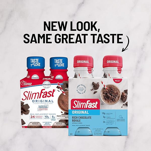 SLIMFAST MEAL REPLACEMENT SHAKE, ORIGINAL RICH CHOCOLATE ROYALE, 10G OF READY TO DRINK PROTEIN FOR WEIGHT LOSS, 11 FL. OZ BOTTLE, 4 COUNT (PACKAGING MAY VARY)