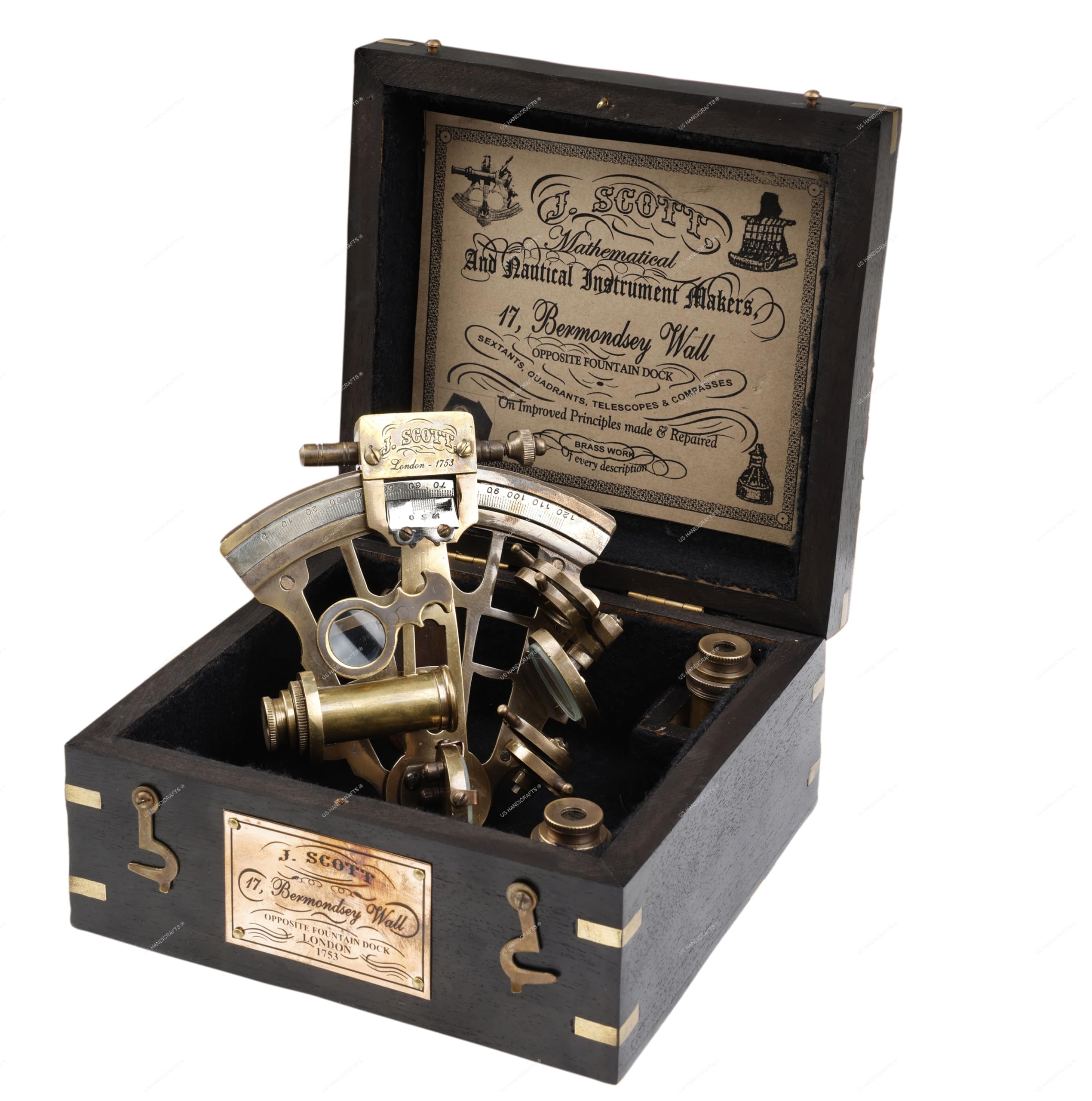 US HANDICRAFTS J. Scott London Brass Ship History Sextant with Hardwood Box.J. Scott London Brass Ship History Sextant with Hardwood Box.