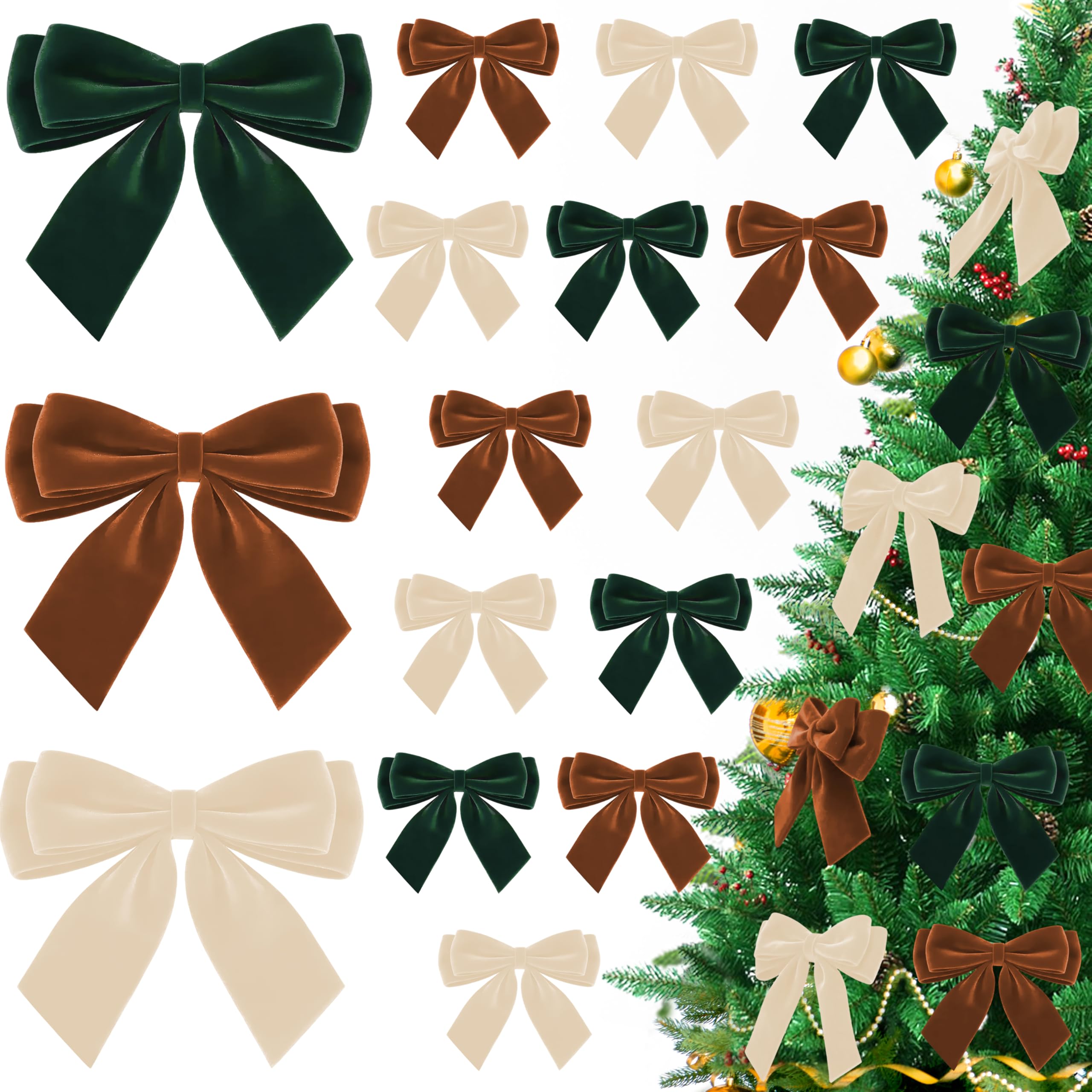 Photo 1 of 12Pcs Velvet Bows for Christmas Tree, Brown Beige Green Bow Christmas Decorations with Twist Tie, Mix Velvet Bow Ornaments Bulk for Wreath Garland Gift Wrapping Wedding Champagne Parties, 6x6in