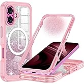 Hensione for iPhone 16 Plus Case,Compatible with MagSafe,Magnetic Glitter Case Built-in 9H Tempered Glass Screen Protector,Shockproof Protective Case for Apple iPhone 16 Plus,Pink