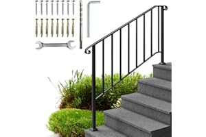 Metty Metal Hand Rails for Outdoor Steps- 1 to 5 Step Wrought Iron Stair Railing Indoor Set - Powder Coated Black Finish Hand Rails for Indoor Stairs, Exterior Steps, Porch Railing, DIY Installation