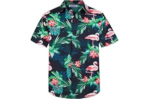 Yoimira Hawaiian Shirts for Boys, Button Down Short Sleeve Tropical Print, Kids Summer Beachwear Tops 7-14 Years