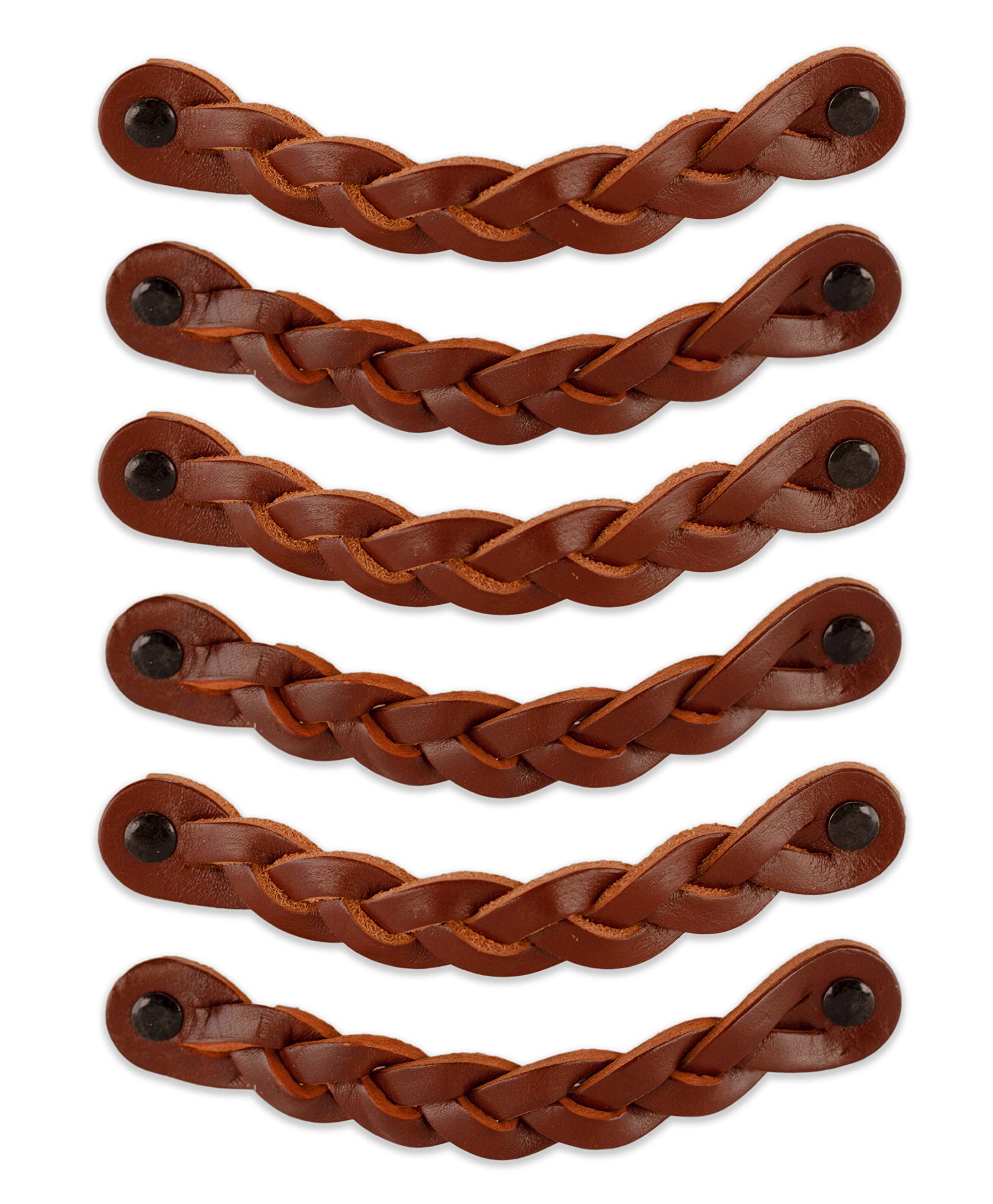 Brute Strength - Leather Cabinet Handles - Braided - Cognac - 6 pcs - 16.5 x 2.5 cm - Kitchen, Bathroom, Dresser