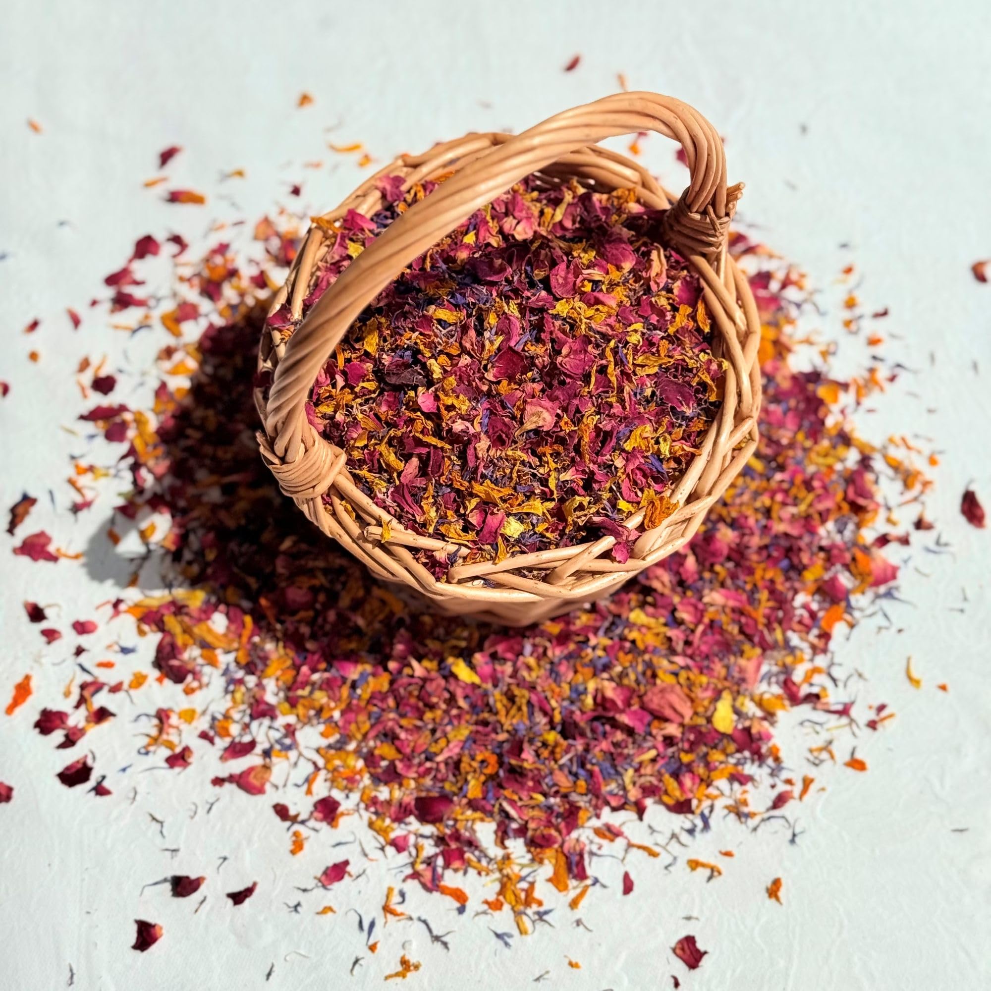 Natural Petal Confetti - 1 Litre - 'Moroccan Flame' mix of Burgundy Red Rose, Orange Marigold and Blue Cornflower - Biodegradable (330)