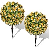 25" Artificial Topiary Ball Fall Tree with Yellow Daisy，Fake Mums Plants with Ground Spike，Set of 2 UV Resistant Faux Bushes, Fake Shrubs for Garden, Patio, Porch, Yard, Indoor