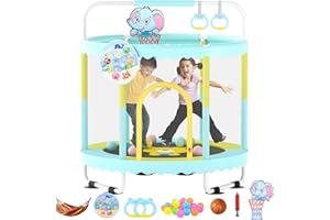 HOEE Trampoline for Kids 60''/48'' Toddler Trampoline, Outdoor Indoor Recreational Trampolines with Enclosure Net, Swing, Adjustable Gymnastics Bars, Basketball Hoop, Dartboard, Gifts for Boys & Girls