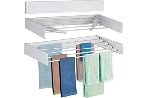 FOCHIER F Laundry Drying Rack Wall Mounted Clothes Drying Rack Foldable with 5 Aluminum Rods and Drilling Template Long Screwdriver Bit 60 lbs Capacity (White, 40")
