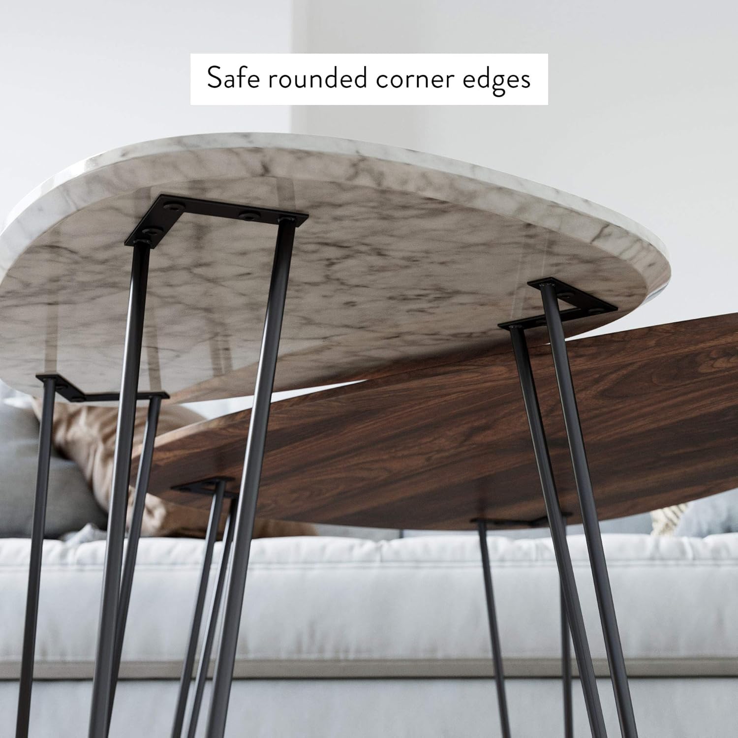Nathan James Bodhi Mid-Century Nesting Coffee Table Set of 2, Stacking Side or End for Living Room with Faux Carrara Marble, Wood Finish and Black Metal Legs, White/Walnut: Furniture & Decor