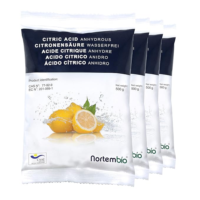 NortemBio Zitronensäure 2 Kg (4x500g). Wasserfreies Citronensäure Pulver, 100% Reine. Für Ökologischen Produktion. Entwickelt