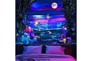APDIDL Blacklight Fantasy Forest Tapestry for Bedroom Aesthetic Moon Mushroom Butterfly Poster Wall Tapestry Nature Plants Glow in the Dark UV Reactive Poster Galaxy Space Tapestry Wall Hanging for Living