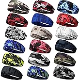 Wavyknot 18 Pcs Sports Sweatbands for Men Women Camo Headbands Workout Non Slip Headbands Breathable Head Band Fitness Stretchy Unisex Hairband for Yoga Running Cycling Ball