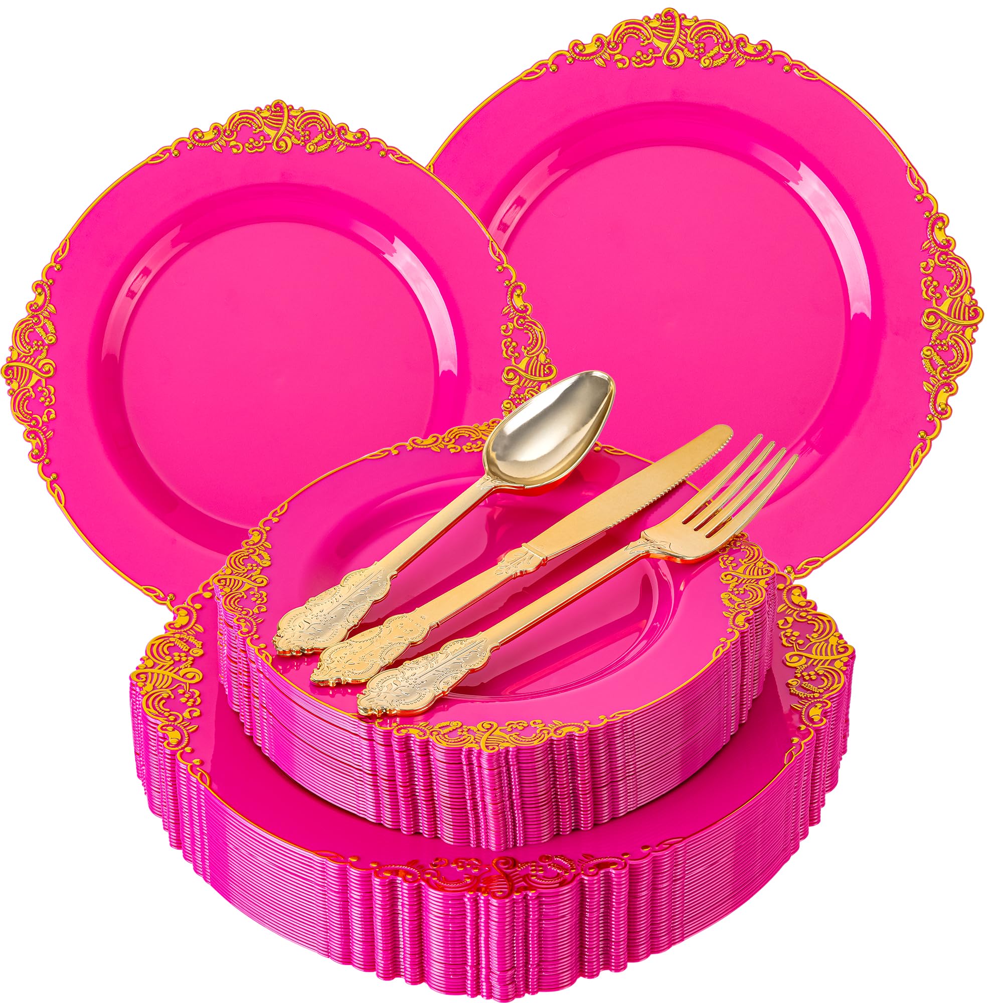 Photo 1 of Joyido 125PCS Hot Pink Plastic Plates - Pink Disposable Plate - Elegant Party Plates with Gold Plastic Silverware Sets for 25 Guests for Party & Birthday & Baby Shower