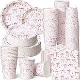 Pickmesh 250 Pcs Bow Birthday Decorations Valentine's Day Plates Napkins and Cups Pink Bow Coquette Birthday Party Decor Wedding Dinnerware Set Serve 50 Disposable Tableware for Bridal Shower Decor