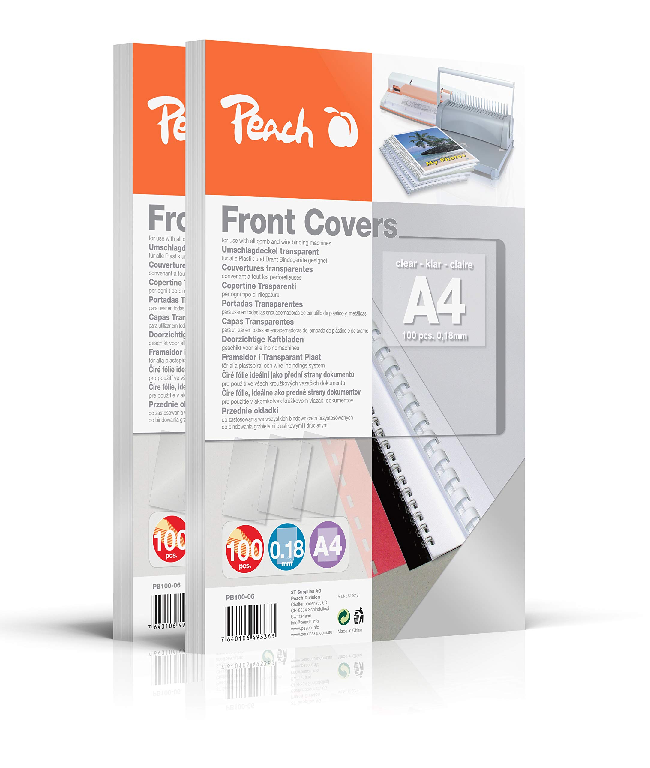 Peach PB100-06A Cover Sheets DIN A4 0.18 mm Pack of 200 Transparent