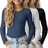 LessonZoo 3 Pack Girls Long Sleeve Shirts Cotton Ribbed Tops Crewneck Layering Slim Fit Uniform Undershirts Teen Basic Tees