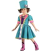 Toddler Mischievous Mad Hatter Costume - Teal Linen Dress with Satin Bow Tie & Matching Fabric Hat