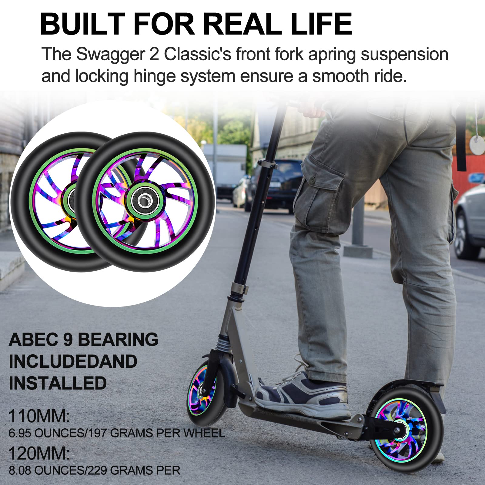 2 Pack 100mm Scooter Wheels,88A Replacement Scooter Wheel with ABEC-9 608RS Bearings Installed for Pro Scooters Kick Scooters, Multi-Color
