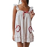 Larwoquy Women Valentine's Day Babydoll Dress Bow Tie Embellished Fly Sleeve Dresses A-Line Ruffle Flowy Short Dress