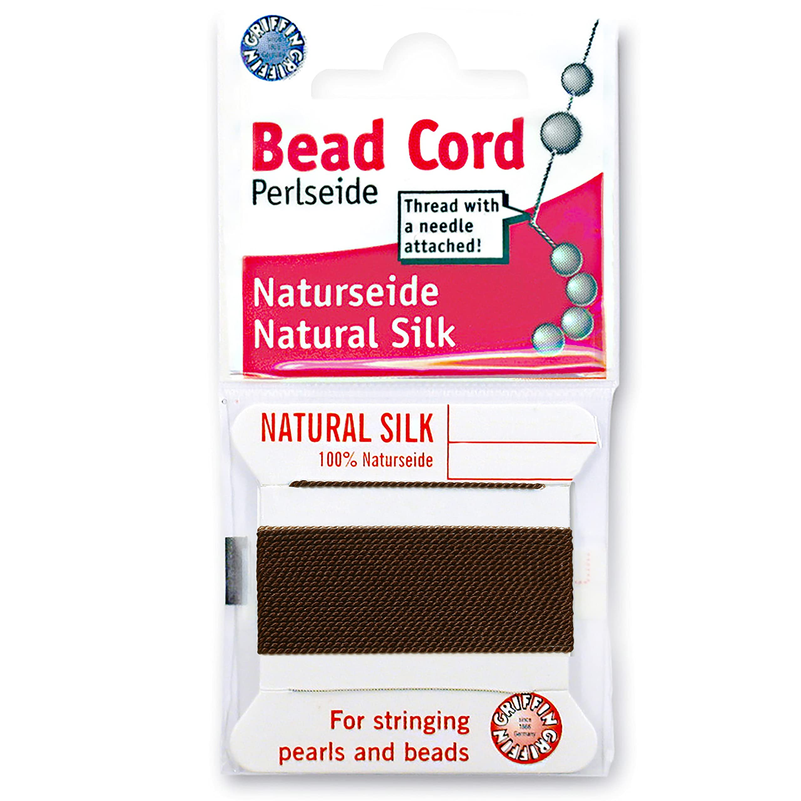 Griffin Silk Bead Cord Perlseide – Brown Color – Size 6 (0.70mm) – 2 Meters per Card – Stainless Steel Needle Attached – for Knotting Pearls, Gemstones, Crystals and Beads