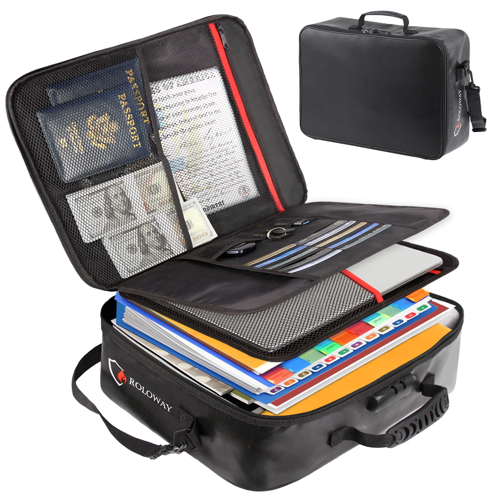 SEKAM Fireproof Document Bag with Lock (17 x 11.8 x 5 inch), Important Document Storage Bag with Multi-Layer File Organizers (Black)