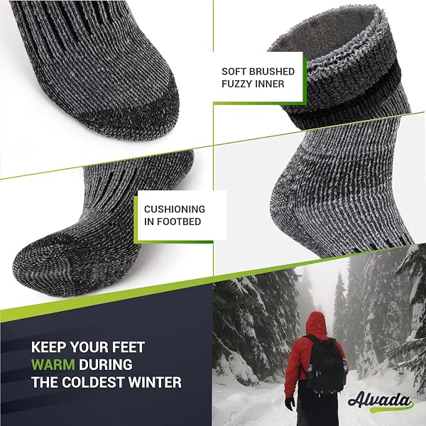ALVADA WARM THERMAL WOOL SOCKS FOR WINTER MOISTURE WICKING AND BREATHABLE COZY BOOT SOCKS CHARCOAL LXL