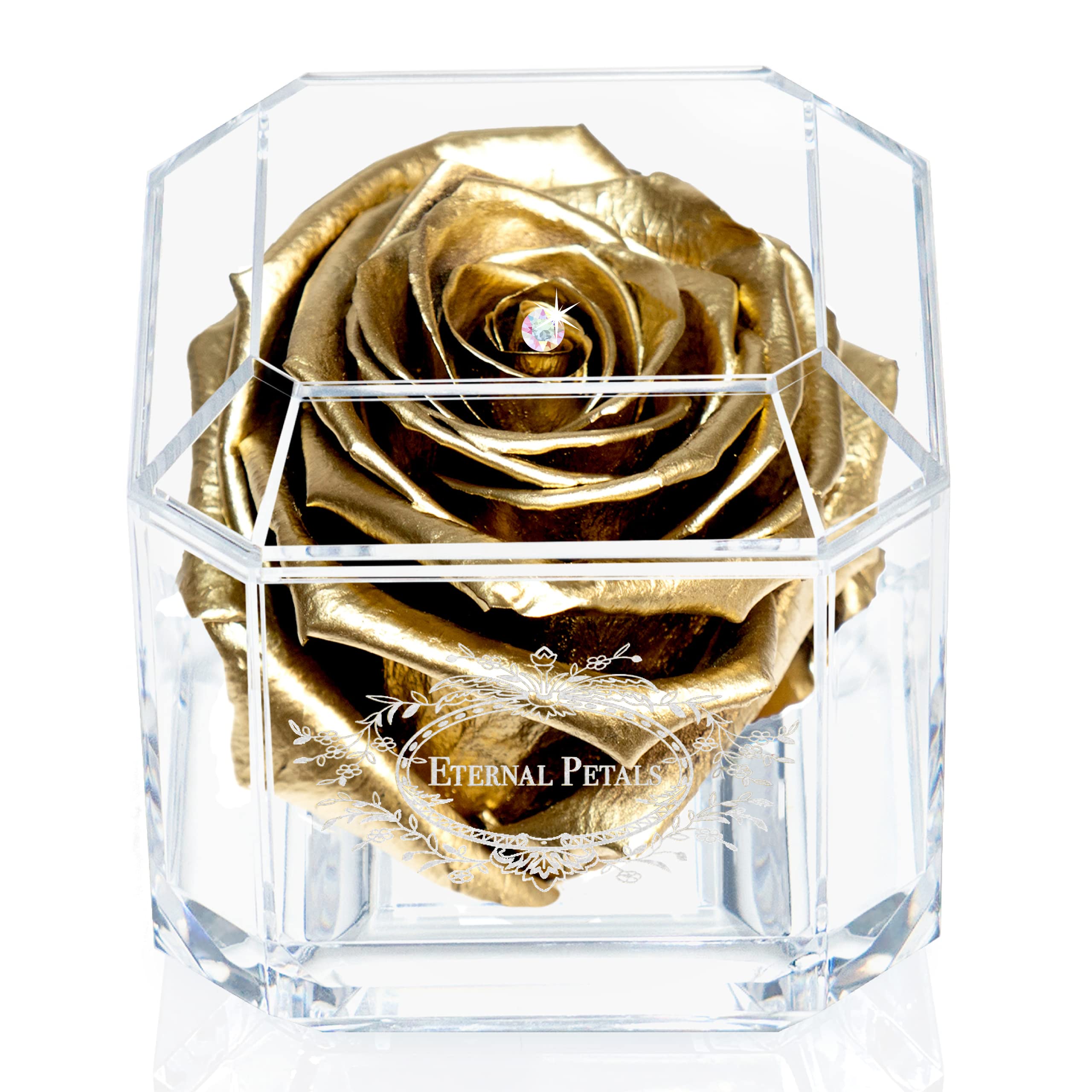 A 100% Real Rose That Lasts Years - Eternal Petals, Handmade in UK – White Gold Solo with A Multicolor Crystal (Gold)