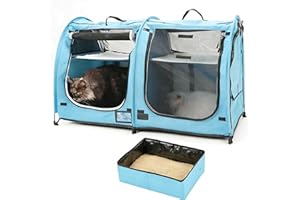 PORAYHUT Mispace Portable Twin Compartment Show House Cat Cage/Condo - Easy to Fold & Carry Kennel - Comfy Puppy Home & Dog Travel Crate with Portable Carry Bag/Two Hammocks/Mats and Collapsible Litter Box