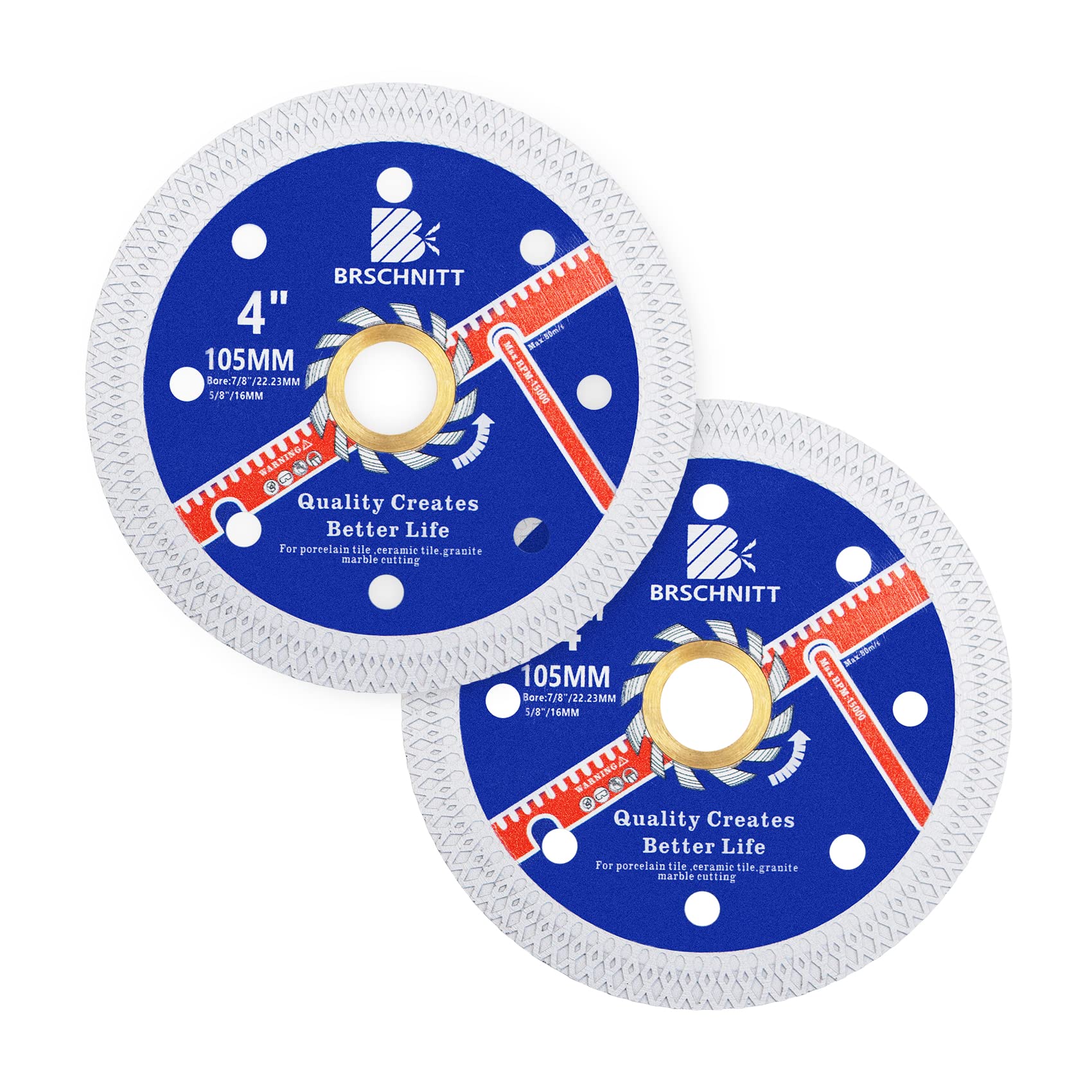Super Thin Diamond Porcelain Cutting Disc with X Teeth,BRSCHNITT 2pcs 105mm x Arbor 22.23mm-16mm Diamond Cutting Disc for Dry/Wet Cutting Porcelain Tile Ceramic Marble Granite