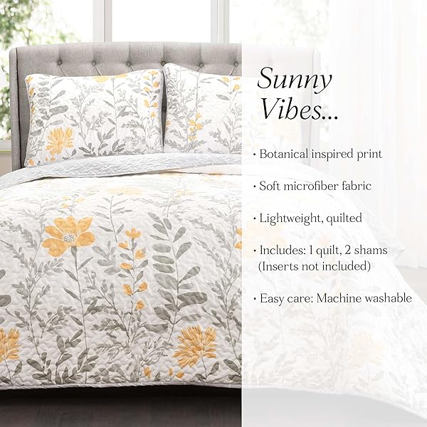 LUSH DECOR APRILE REVERSIBLE FLORAL QUILT QUEEN SIZE 3 PIECE SET FULL/QUEEN, YELLOW & GRAY – BEDDING SET – FLORAL QUILT – COTTAGE BEDROOM DÉCOR