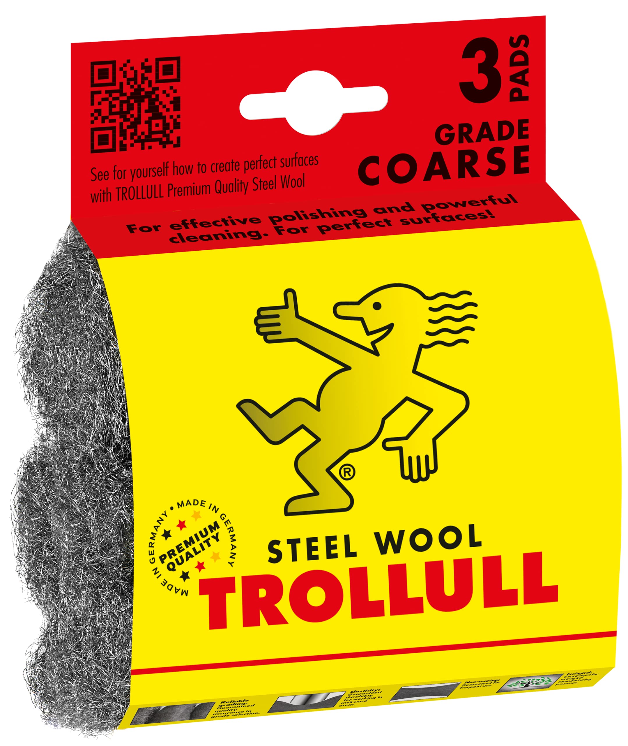 TROLLULL Steel Wool | Wire Wool Pads, 3 DIY Pads coarse 3 enhances the natural grain of wood, cleans glass, roughens old varnish or paint