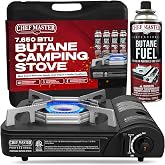 Chef Master Portable Butane Camping Stove, Tabletop Gas Cooker, 7,650 BTU | Single Burner Cooktop, Piezo Ignition, Wind Guard, Pressure Shut-Off, Hard Carry Case, Fits 10-Inch Pans, 90027