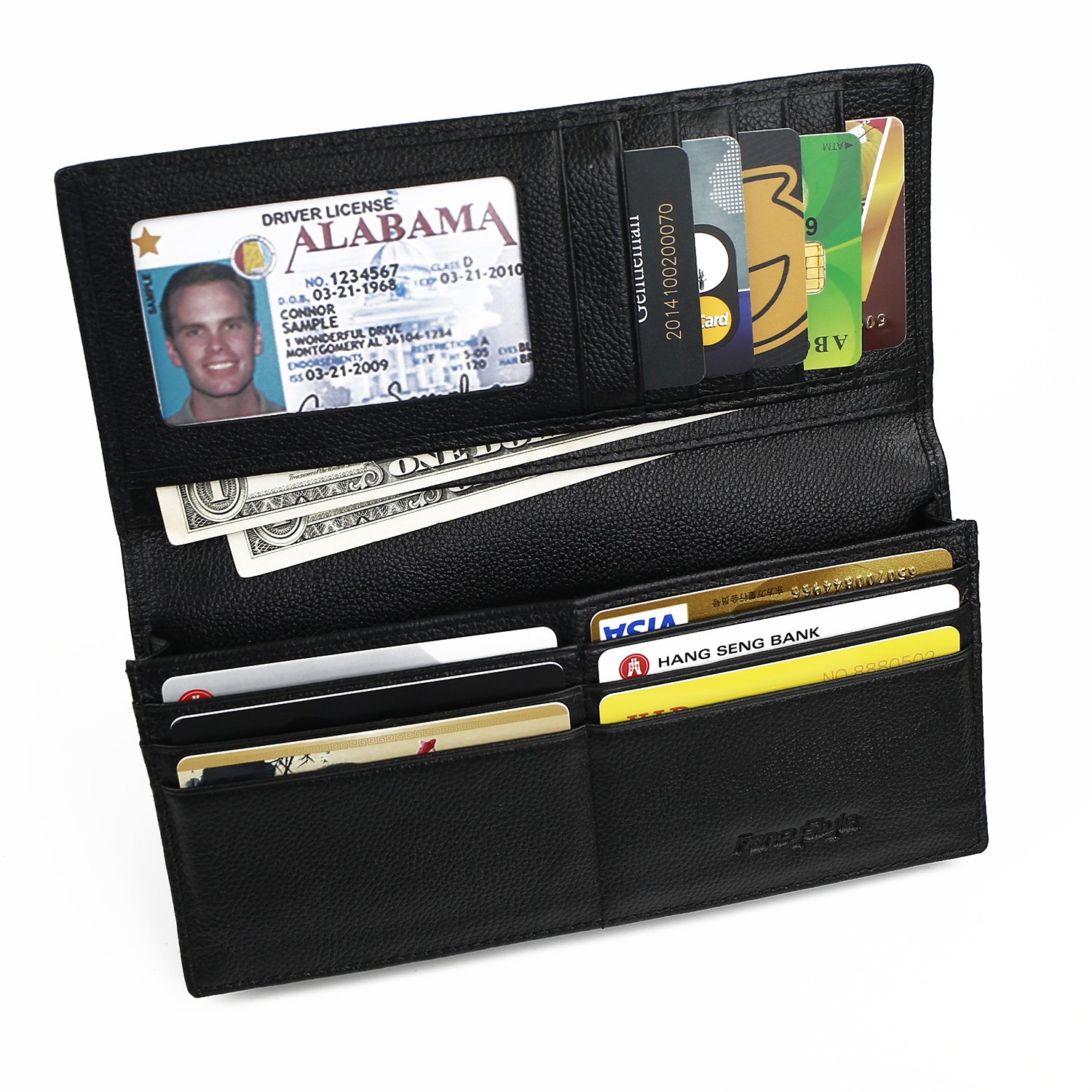 Men RFID Blocking Leather Checkbook Wallet Safe Long Bifold Travel Billfold Black with 10 Sleeves