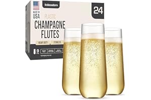 DECADORN Clear Stemless Champagne Flutes Plastic 24 Pack - 9oz Plastic Champagne Glasses - Durable and Sturdy Mimosa Glasses For Parties - Shatterproof, Recyclable, BPA-Free, Smooth Rims.