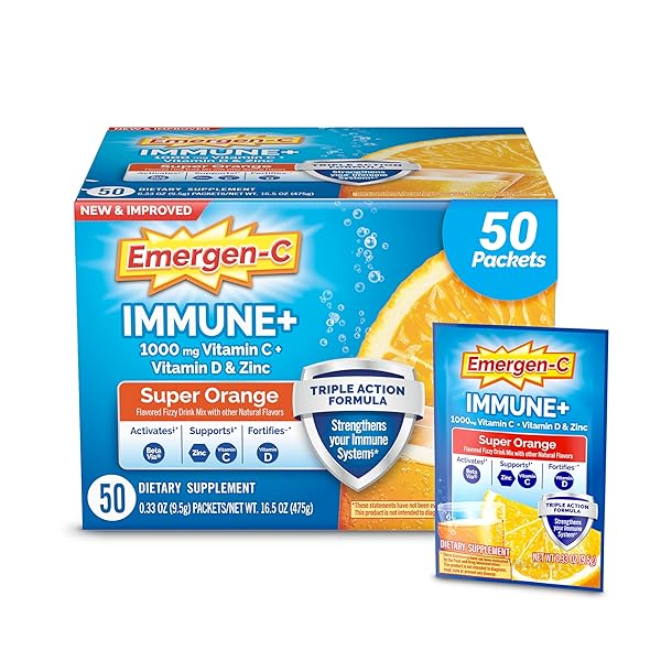 EMERGEN-C IMMUNE+ TRIPLE ACTION IMMUNE SUPPORT POWDER, BETAVIA (R), 1000MG VITAMIN C, B VITAMINS, VITAMIN D AND ANTIOXIDANTS, SUPER ORANGE – 50 COUNT