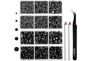 6736pcs Hotfix Rhinestones Flatback,Black Rhinestones for Crafts Clothes Mixed 5 Sizes, Hotfix Crystals with Tweezers and Wax