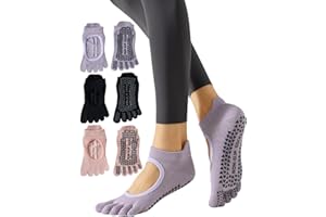 Yawlsow 3 Pairs Non-Slip Pilates Yoga Socks with Grips,Five Toe Breathable Cotton Sports Socks for Women