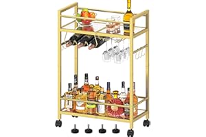 Homedawn Bar Cart, Serving Cart for Home, Microwave Cart, Drink Cart, Wine Cart with 2 Mirrored Shelves, Wine Holders, Glass Holders, for Kitchen, Dining Room(Gold)