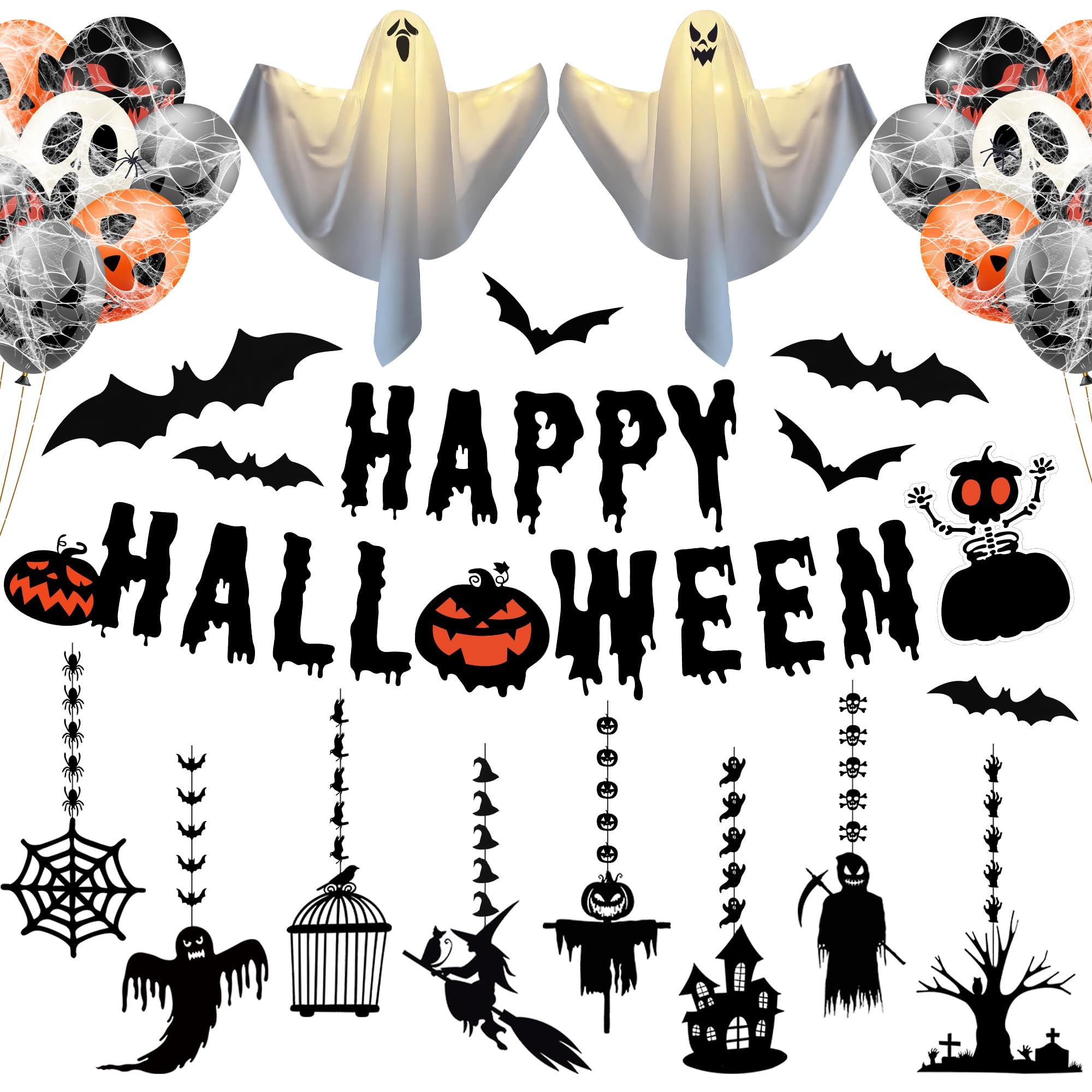 BoriYa Halloween Decorations - Halloween Party Decoration Set,Indoor Halloween Balloons Decor Kit with Hanging Ghosts, 3D Bats, Banner and Hallowe'en Hanging Decs,UK Home Halloweens Decor Pack