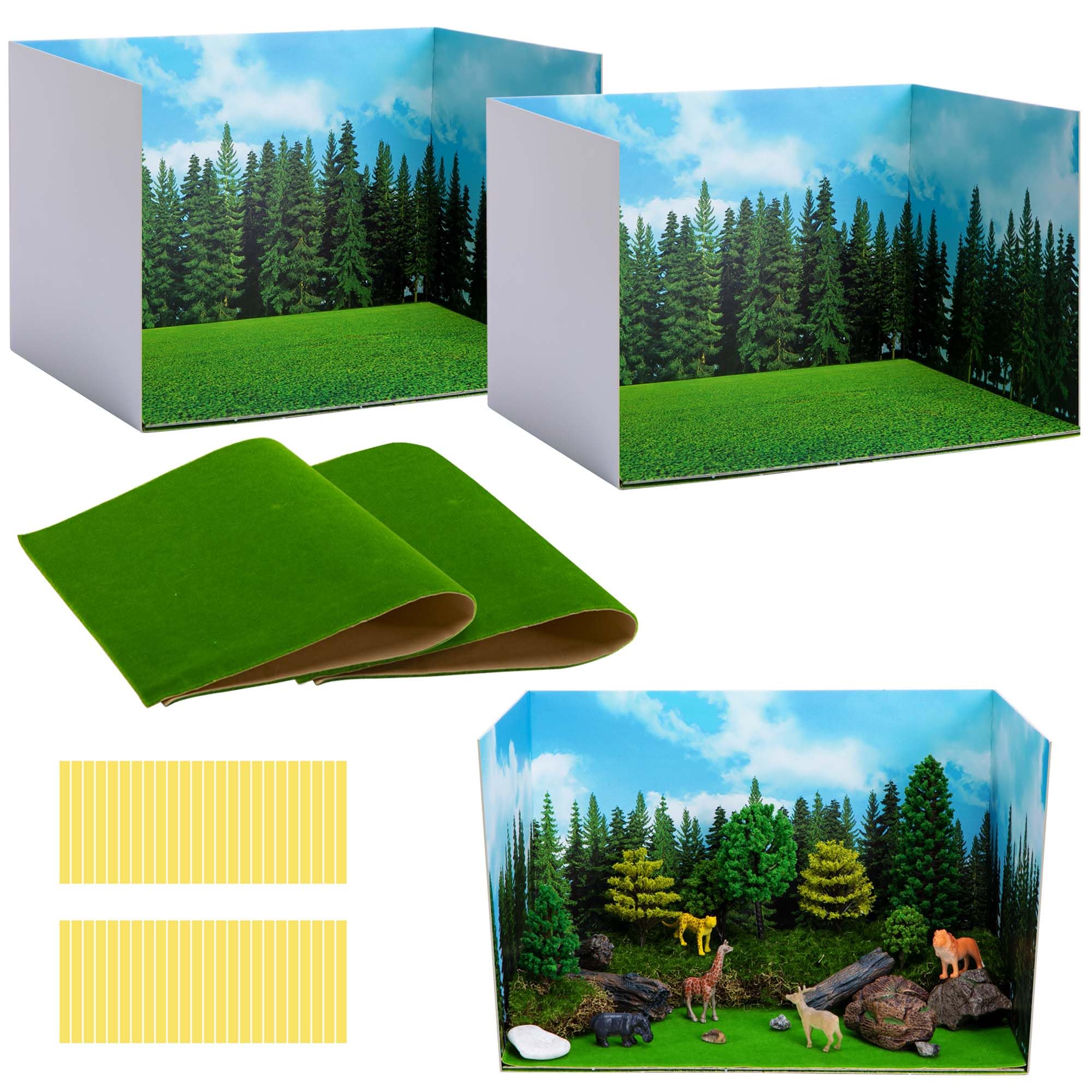 Photo 1 of codree 4 Pcs Jungle Style Diorama Box and Fake Grass Decor, Rainforest Diorama Supplies Project Box Set, Cardboard Diorama Kit & Artificial Grass with Double Sided Tapes for DIY Crafts Toys Dollhouse