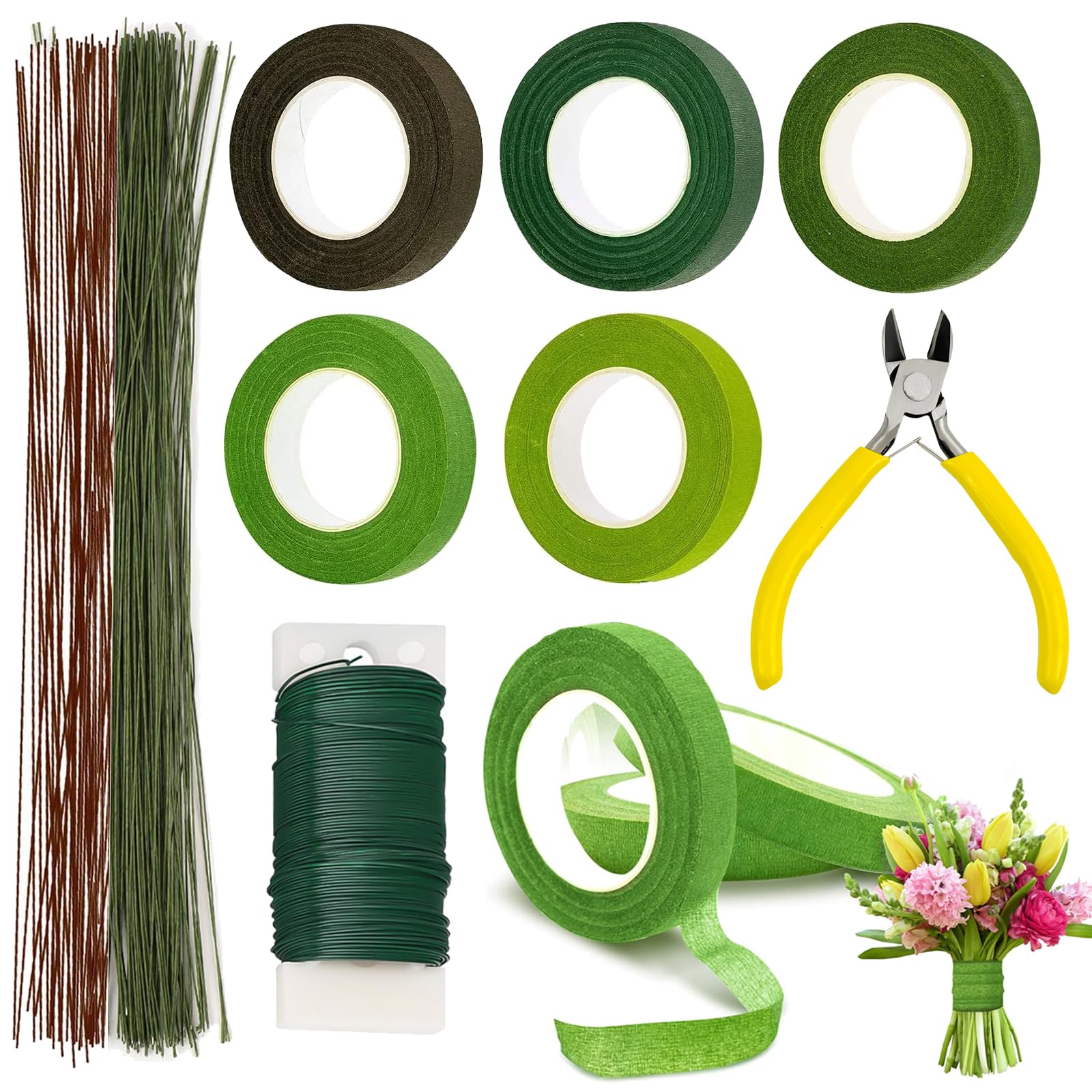 HXC 9 Pcs Floral Arrangement Kit with Floral Wire Floral Tape Green Florist Wires Cutter Floral Arrangement Tools for DIY Bouquet Stem Wrap Wreath Making Florist