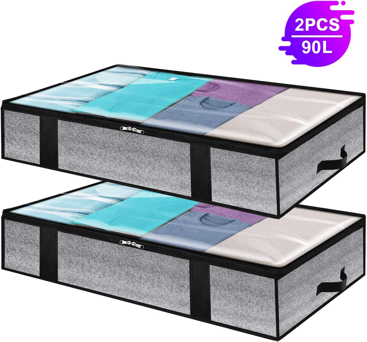 prettop 90L Large Underbed Storage Bags with Zips, Thick Foldable