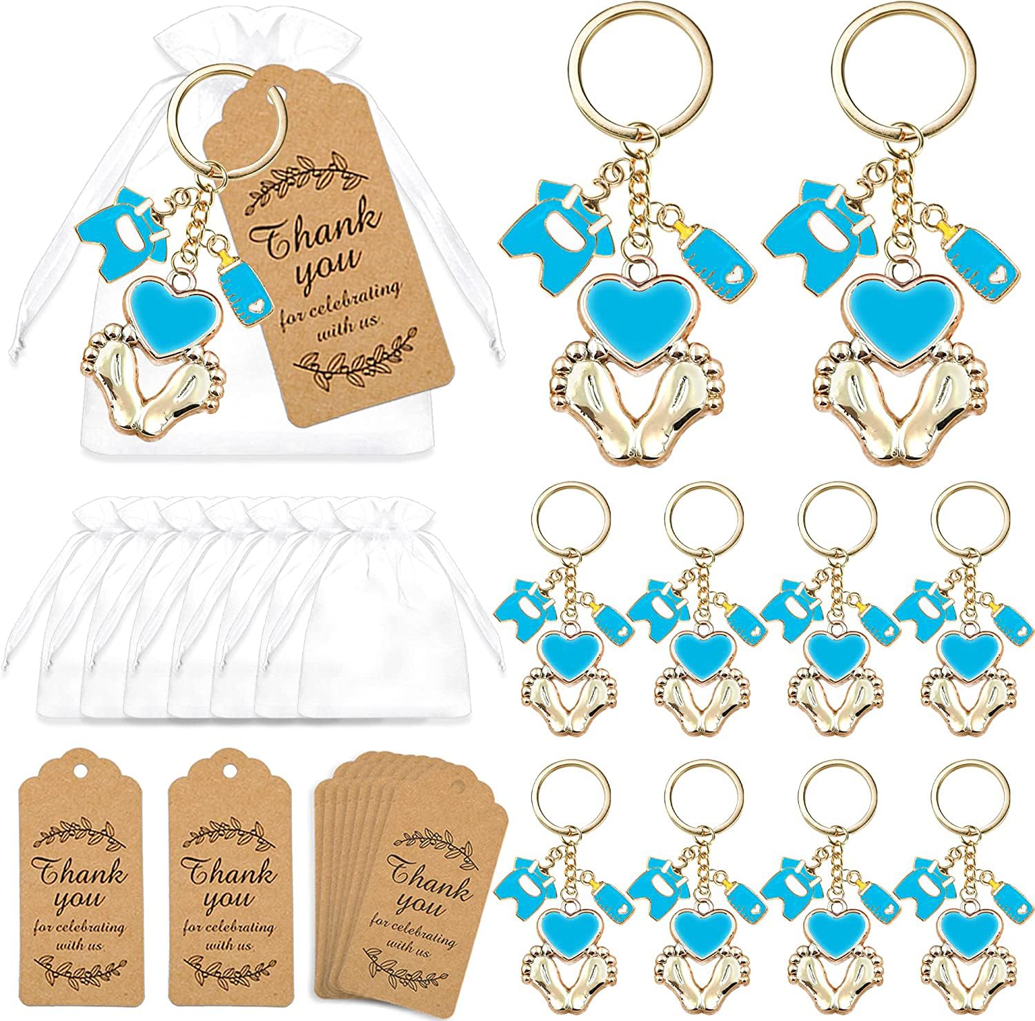 Photo 1 of 12 Sets Baby Shower Favors for Boy Blue Footprint Keychains Gifts with Bottle Baby Clothes White Organza Bags and Thank You Tags for It's a Boy Decorations Party Supplies