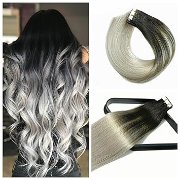 Amazon Com Tape In Hair Extensions Hair Balayage Ombre Hair 20in 20pcs 50g Per Set Natural Black Fading To Silver Gray Doublesides Tape Skin Weft Remy Silk Straight Hair Glue In Extensions Human