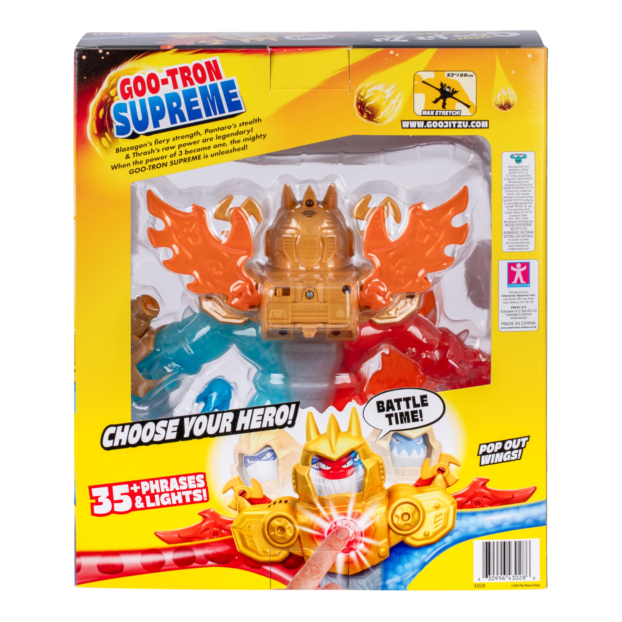 Heroes of Goo Jit Zu Goo-Tron Supreme Combines The Power of Blazagon, Pantaro & Thrash in 1 Ultimate Hero, with 3 Different Goo Fillings, 35+ Phrases & Lights, Face Swap & Triple Attack Feature