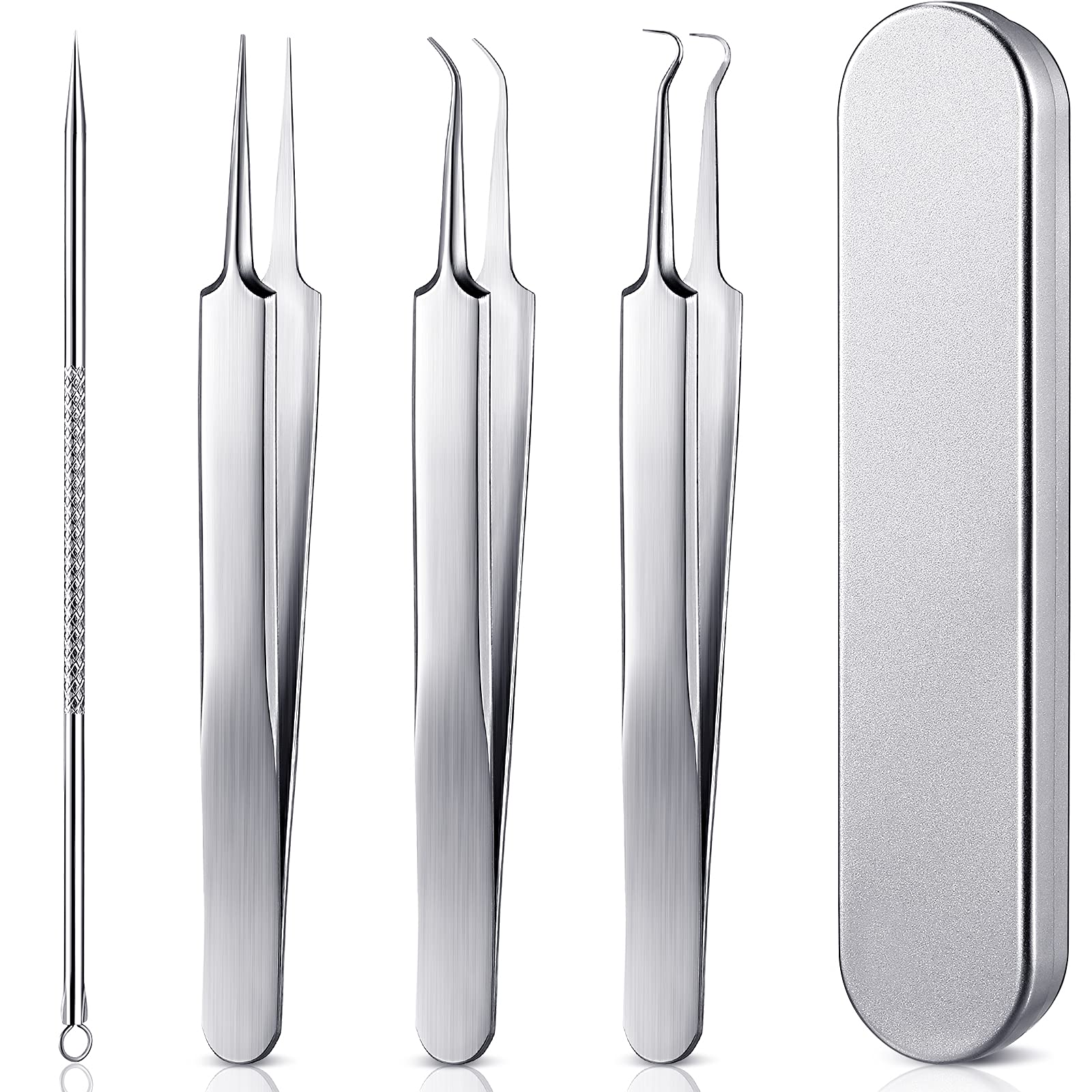 Honoson 4 Pcs Blackhead Remove Tools Set Removal Kit 3 Stainless Steel Blackhead Tweezers with Needle Comedones Pimples Spot and Zit Removal Tool with Case for Forehead, Facial and Nose