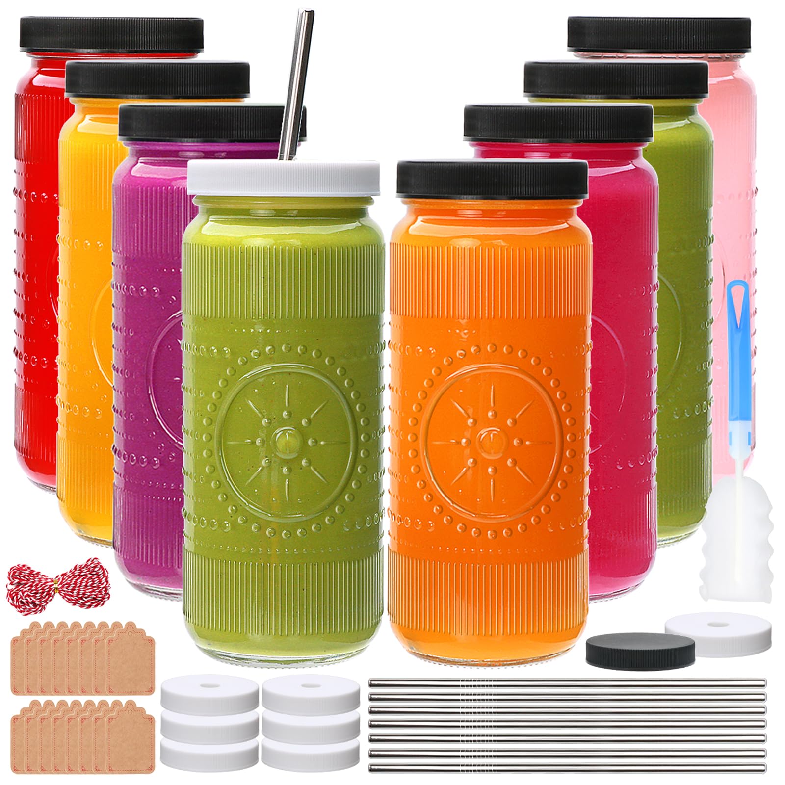 Photo 1 of Encheng 16oz Glass Juice Bottles,Reusable Juicing Bottles with Lids and Straws,Vintage Juice Containers Glass Smoothies Jars for Kombucha,Drinking,Water, Iced Coffee,Party,Travel,8 Pack