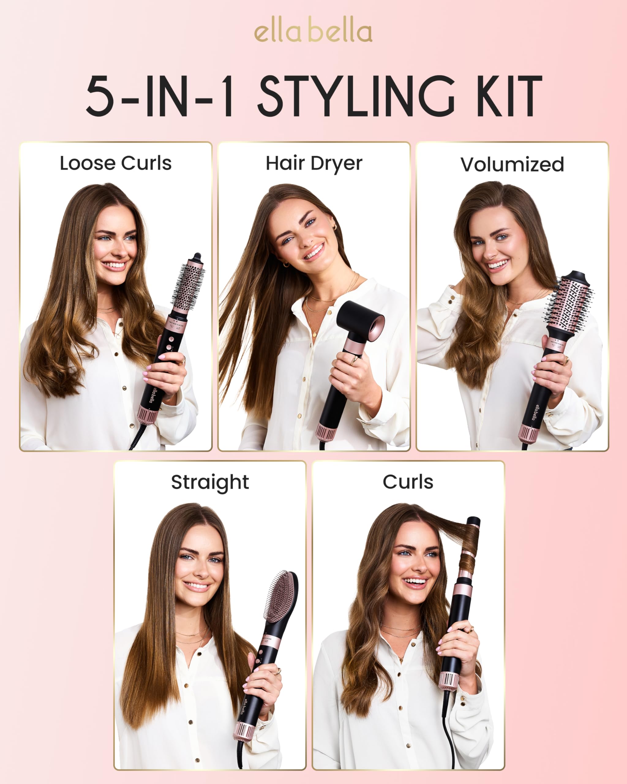 ELLA BELLA® 6 in 1 Professional Hot Air Styler • Powerful Hair Dryer & Straightener Set • Styling Without Heat Damage • Fast Drying Curling Volumizing Straightening • Includes Protective Travel Case