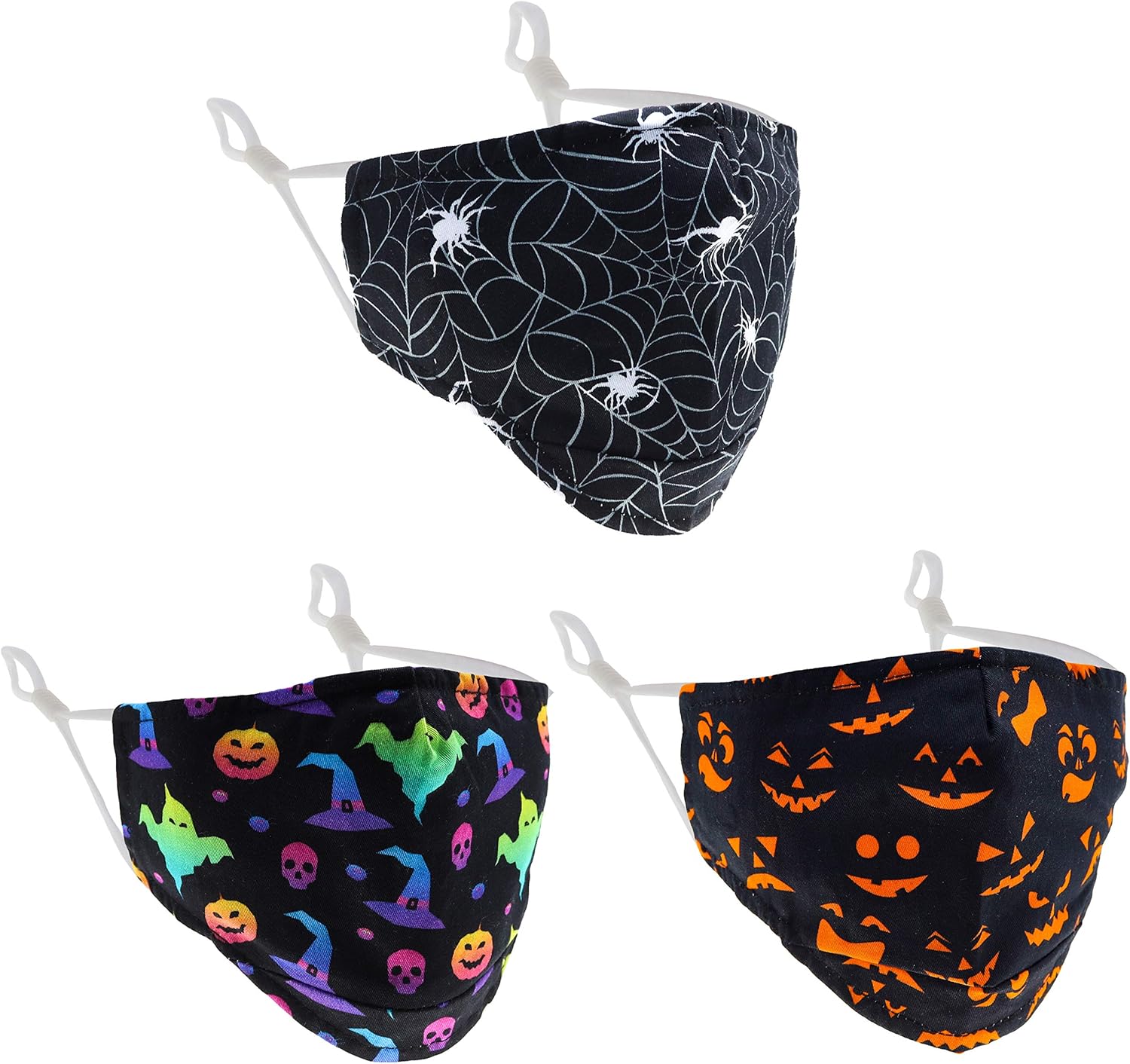 3 PCS Adjustable Halloween Face Masks for Kids, Washable Breathable Soft Cotton Mask for Children with Filter Pocket, Kid Ghost Spider Pumpkin Witch Prints with Nose Bridge Wire: Clothing