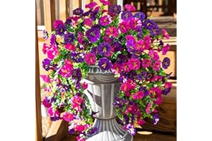 Ivydale 2 PCS Artificial Hanging Flowers Fake Plants Outdoor,Silk Morning Glory Faux Flowers with Eucalyptus Leaf,UV Resistant Realistic Hanging Petunias Plants for Home Garden Decor (Purple+Fuchsia)