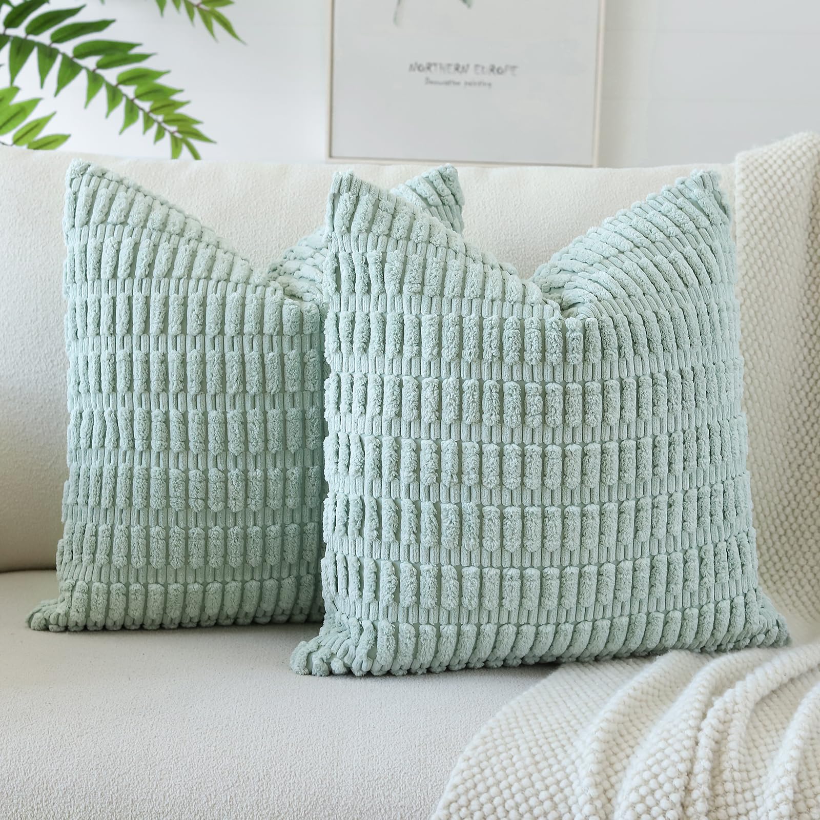 JOTOM Set of 2 Corduroy Soft Striped Cushion Covers 45x45 cm Decorative Throw Pillow Covers Square Cushion Case Home Boho Decor Pillow Cases for Couch Sofa Bedroom 18x18 Inch (Light Blue Green) — image 1